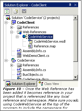 Text Box:  
Figure 10  Once the Web Reference has been added it becomes reference in your project that is referenced like any local reference and namespace. Make sure you add using CodeWebService at the top of the program to include the namespace for compilation.
