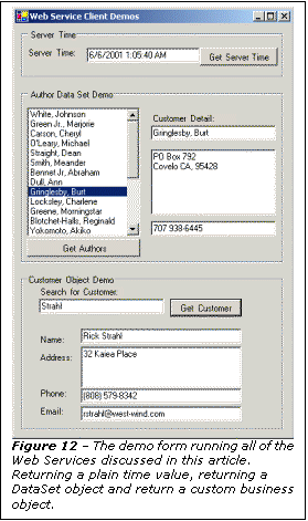 Text Box:  
Figure 12  The demo form running all of the Web Services discussed in this article. Returning a plain time value, returning a DataSet object and return a custom business object.
