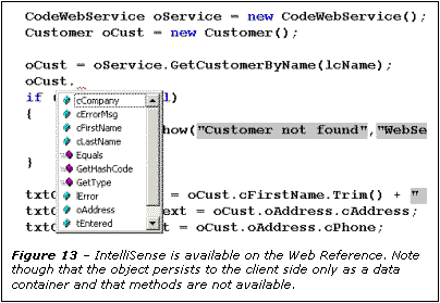 Text Box:  

Figure 13  IntelliSense is available on the Web Reference. Note though that the object persists to the client side only as a data container and that methods are not available.
