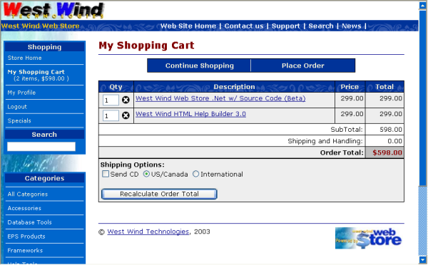 The Shopping Cart Page - ShoppingCart.aspx - West Wind Web Store .NET